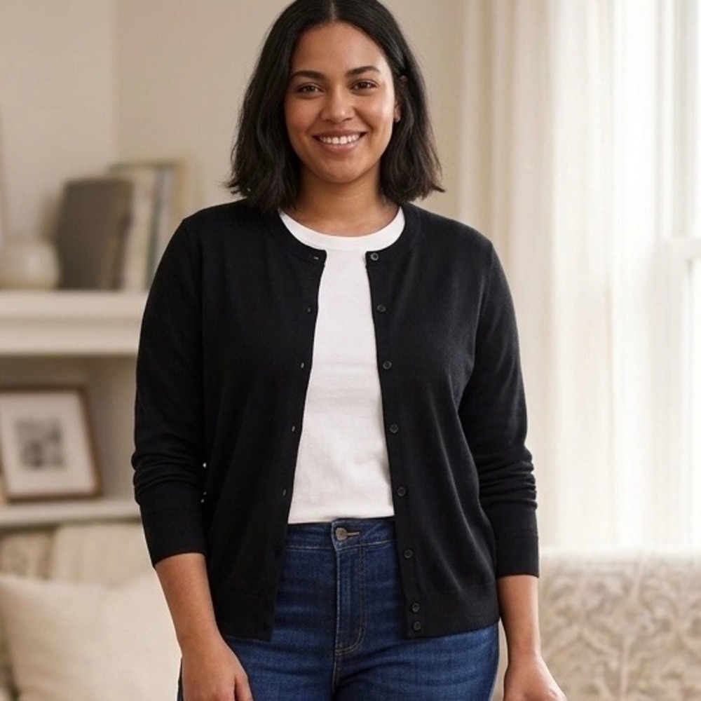 J.Crew Factory Classic Cardigan Sweater Women XL Black 100% Cotton Crewneck Knit